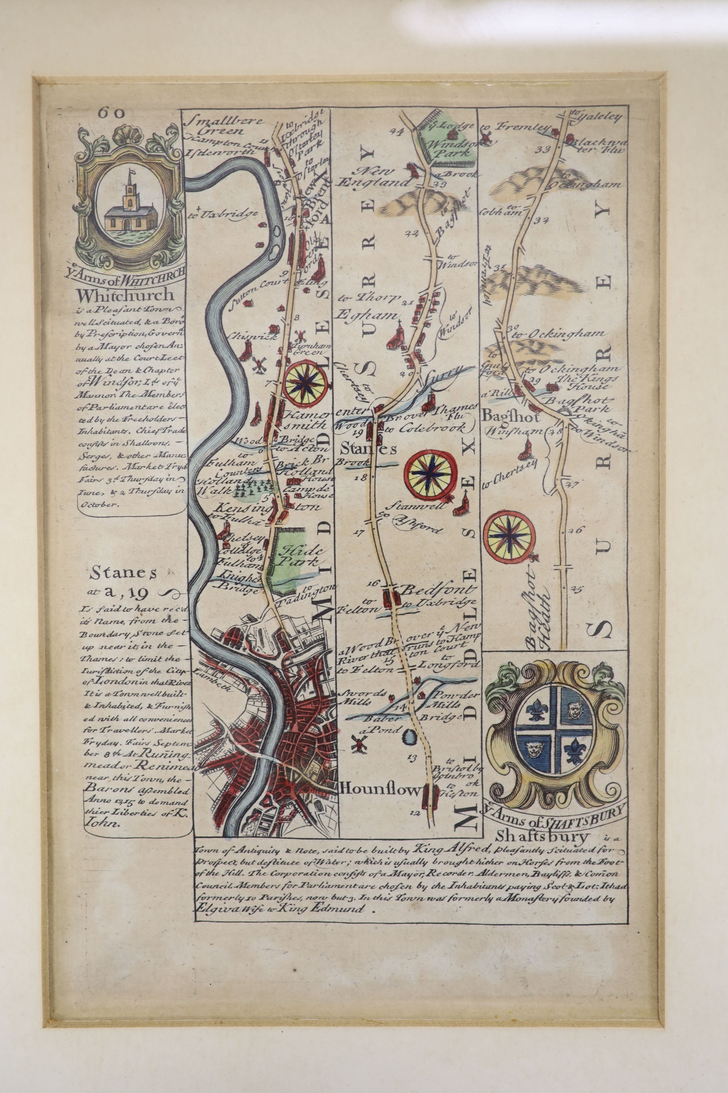 A Blome engraved Map of Surrey, 27 x 32cm, two other maps and engraving of Lantony Abbey